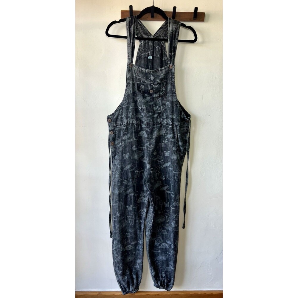 Gray Acid Washed Mushroom Print Pocket Overall Cotton Jumpsuit S/M Women Nepal